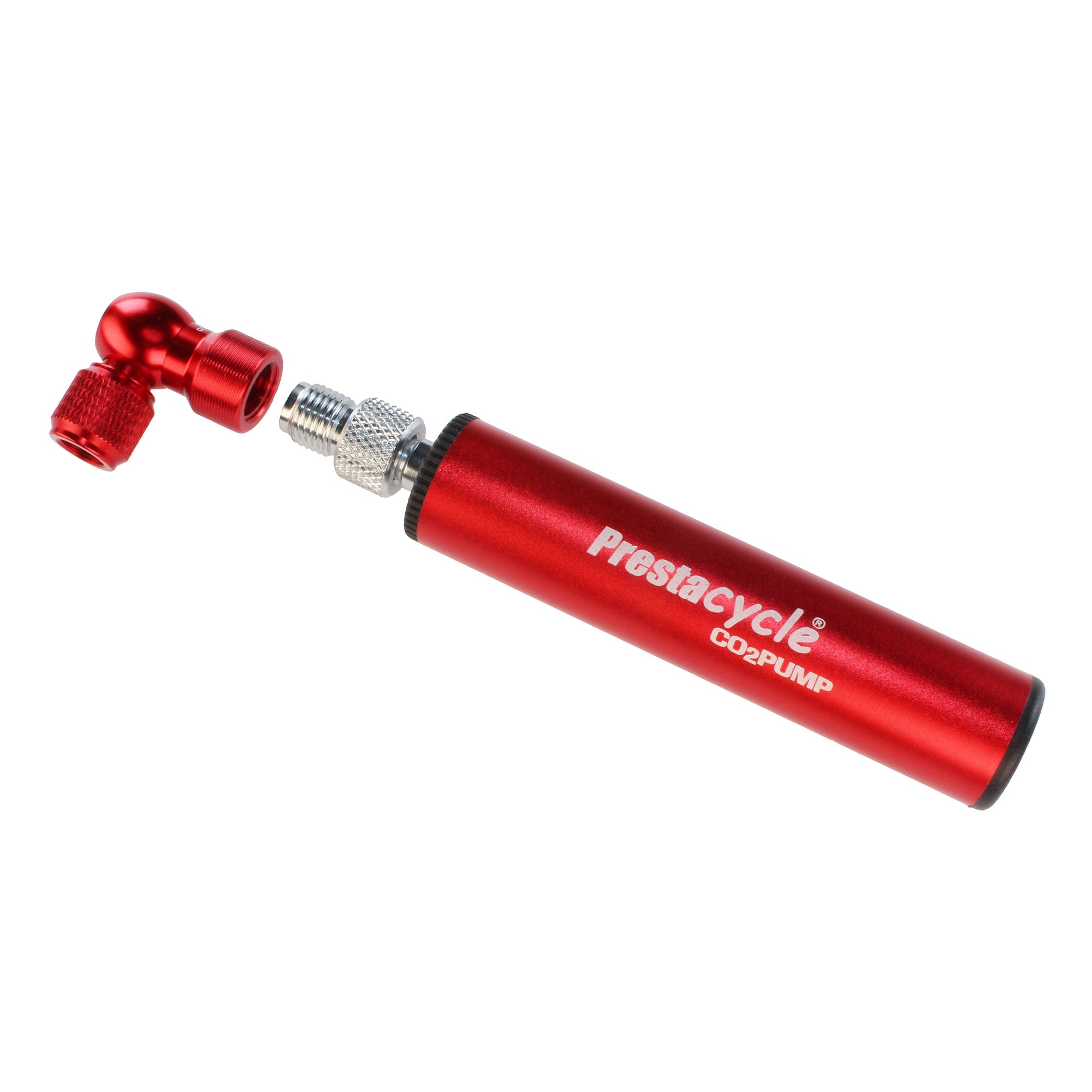 The Prestacycle Prestaflator Micro CO2/Air Compressor/Pump Bundle features a red metallic inflation head for bicycle tires, shown isolated on a white background.