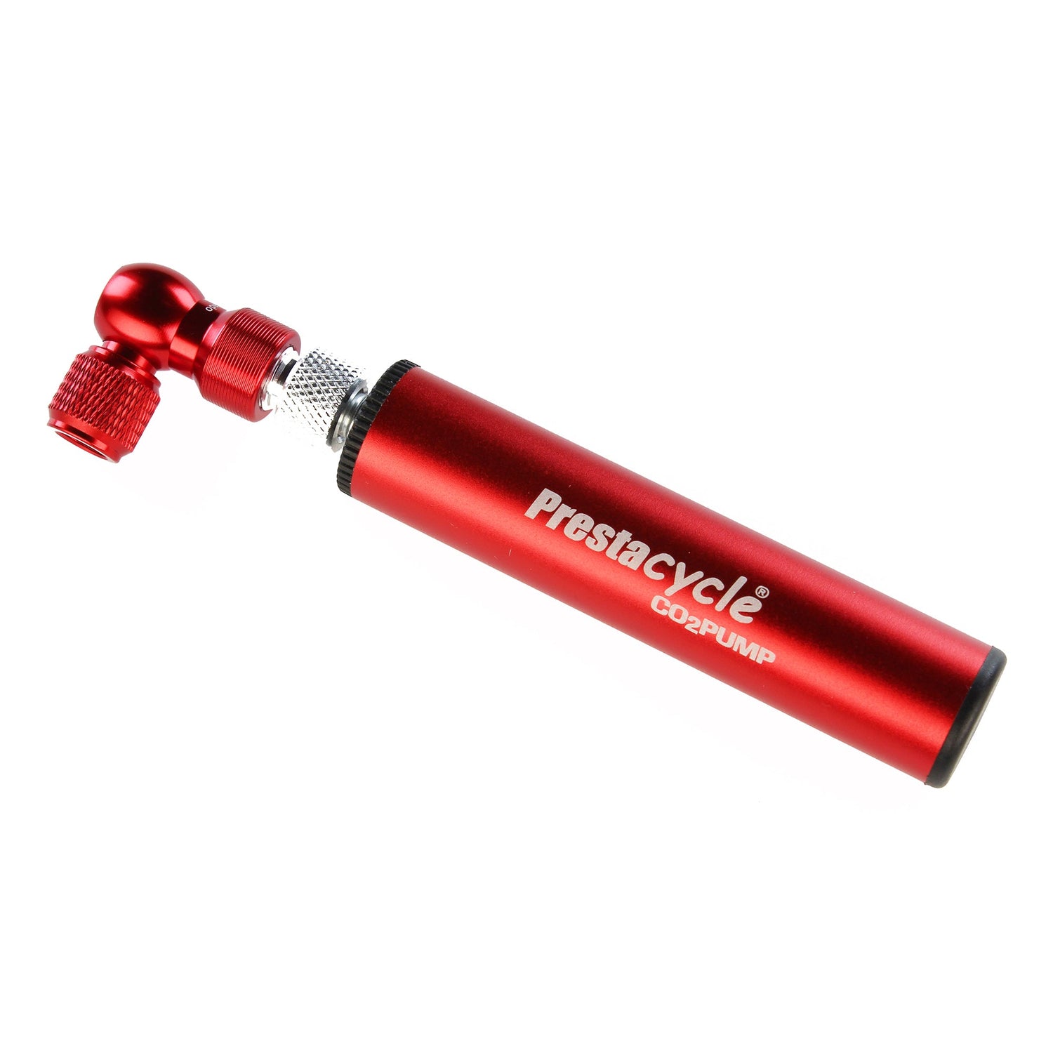 A red Prestacycle Prestaflator Micro CO2 / Air Compressor / Pump Bundle with a metallic nozzle and black end cap, featuring a CO2 inflation head for fast bicycle tire inflating. Photographed on a white background.