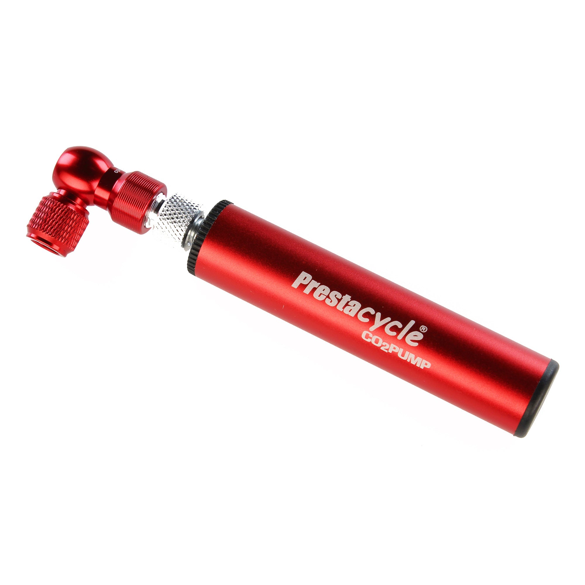 A red Prestacycle Prestaflator Micro CO2 / Air Compressor / Pump Bundle with a metallic nozzle and black end cap, featuring a CO2 inflation head for fast bicycle tire inflating. Photographed on a white background.