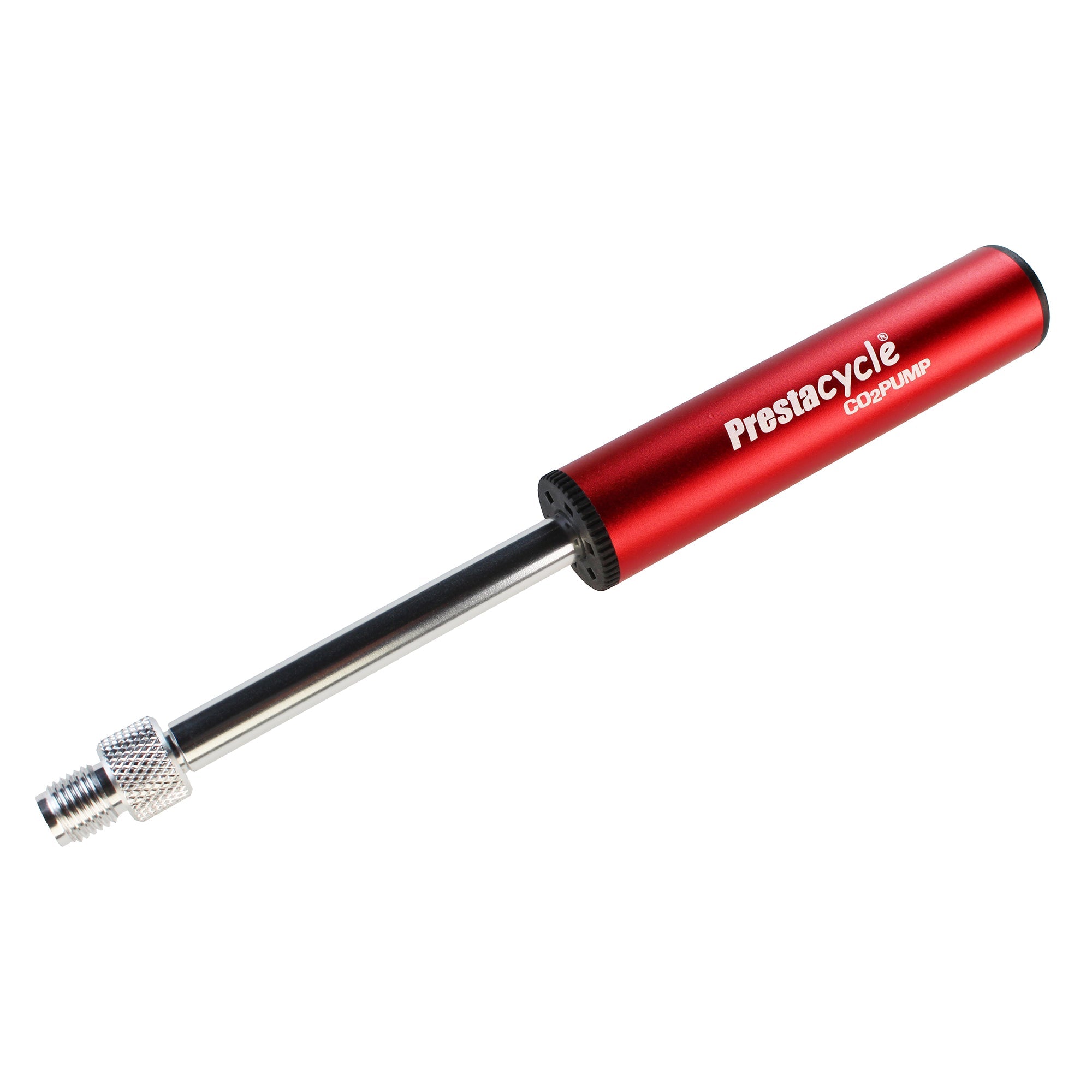 The Prestacycle Prestaflator Micro is a red and silver handheld CO2/air compressor and pump bundle with a metal nozzle and inflation head, designed for inflating bicycle tires.