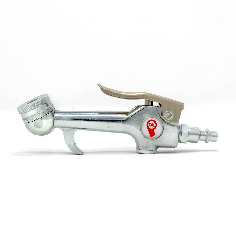 The Prestacycle Prestaflator Mini is a silver metallic Presta air compressor tire inflator with a trigger, nozzle, and red and white circular emblem, featuring a Quick-Click2 Presta head for easy inflation. Shown on a white background.