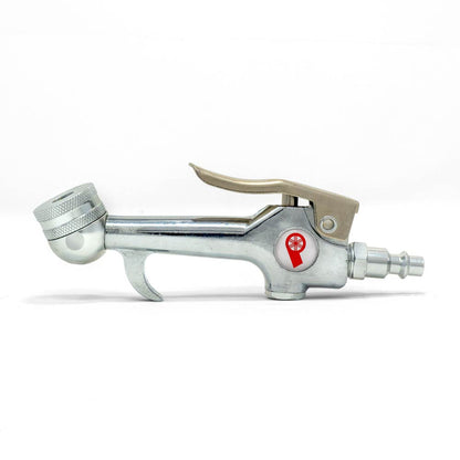 The Prestacycle Prestaflator Mini is a silver metallic Presta air compressor tire inflator with a trigger, nozzle, and red and white circular emblem, featuring a Quick-Click2 Presta head for easy inflation. Shown on a white background.