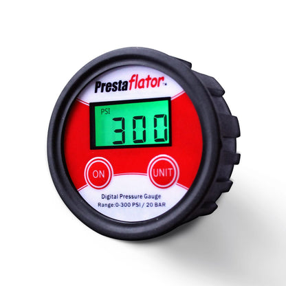 The Prestaflator Digital Gauge for Air Compressors &amp; Floor Pumps by Prestacycle features a red and white face, green backlit screen displaying 300 PSI, and two buttons (ON/UNIT)—ideal as a replacement gauge for your air compressor regulator.