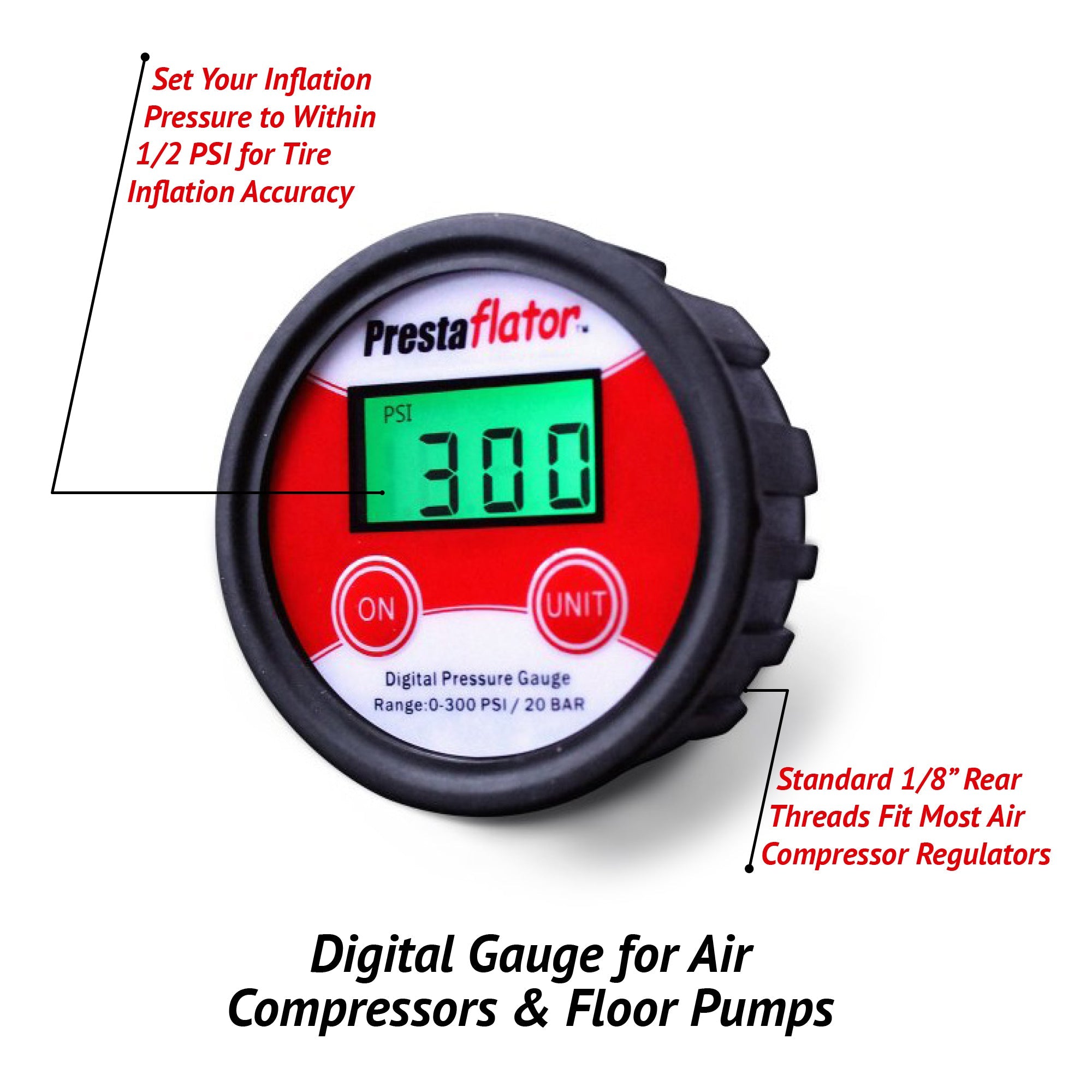 The Prestacycle Prestaflator Digital Gauge for Air Compressors &amp; Floor Pumps shows 30.0 PSI, offers ±0.5 PSI accuracy, and features a standard 1/8 rear thread for compatibility with most air compressor regulators or as a replacement gauge.