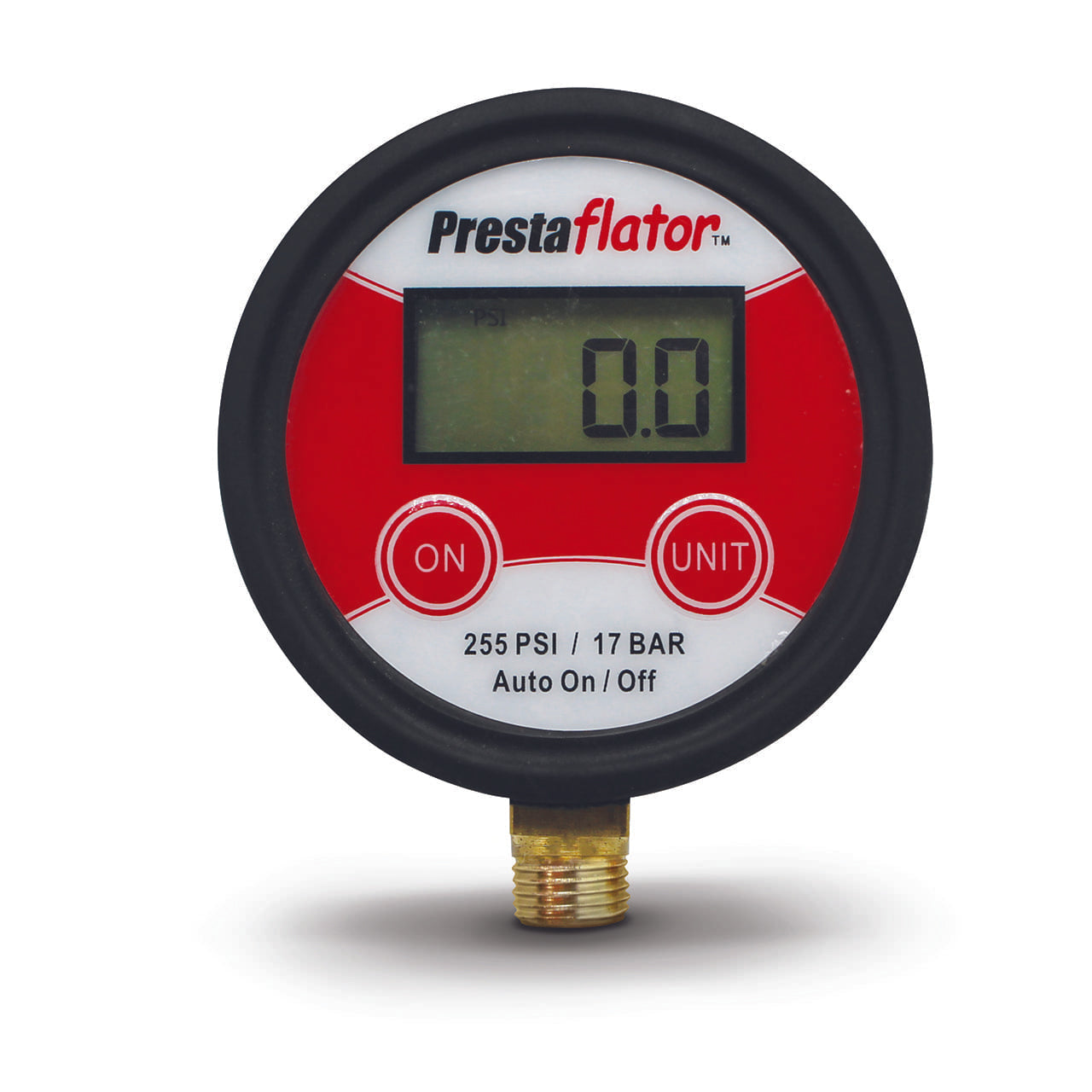 The Prestacycle Prestaflator Vertical Digital Gauge for Air Compressors displays 0.0 PSI, features ON and UNIT buttons, and includes a brass connector for compatibility with any air compressor regulator.