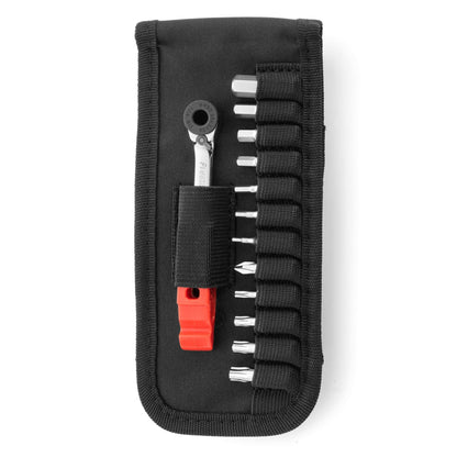 The Prestacycle Prestaratchet GO is a 6-in-1 multi-tool wallet kit featuring a black pouch, bicycle ratchet tool with red handle, and ten screwdriver bits organized in elastic loops.