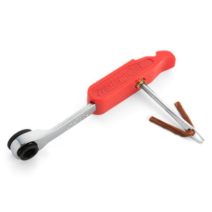 The Prestacycle Tire Plugger Kit by Prestacycle features a red handle, metal shaft, black ratchet head, and two brown bacon strips at the end—ideal for tire repair and resembling tools found in tire plug kits.