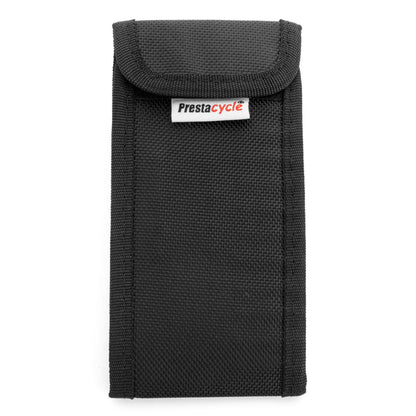A black fabric pouch with a flap closure and a white Prestacycle label holds the Prestaratchet GO 6-in-1 Multi-tool Wallet Kit, perfect for carrying small tools. Displayed upright against a white background.