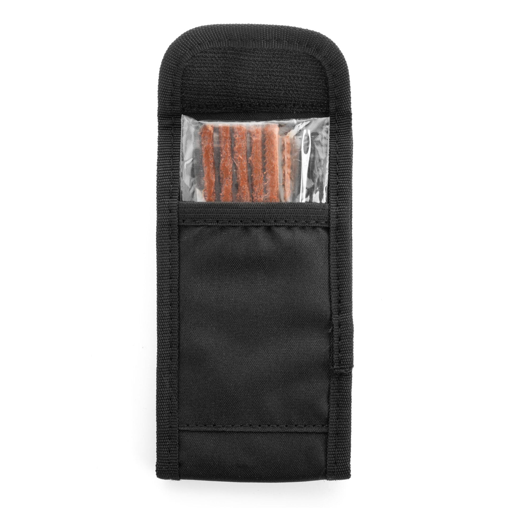 The Prestacycle Prestaratchet GO Multi-tool Wallet Kit includes a black fabric pouch with an outer pocket holding a clear bag of tire repair plugs, a metal tool, and a compact tubeless tire plugger.