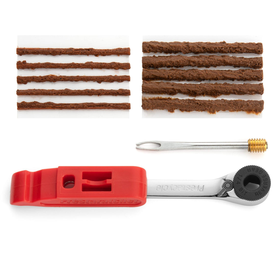 The Prestacycle Tire Plugger Kit by Prestacycle includes bacon strips, an insertion needle, a brass valve core remover, and a red-handled tool with a black rotating head—all arranged for fast tire repairs.