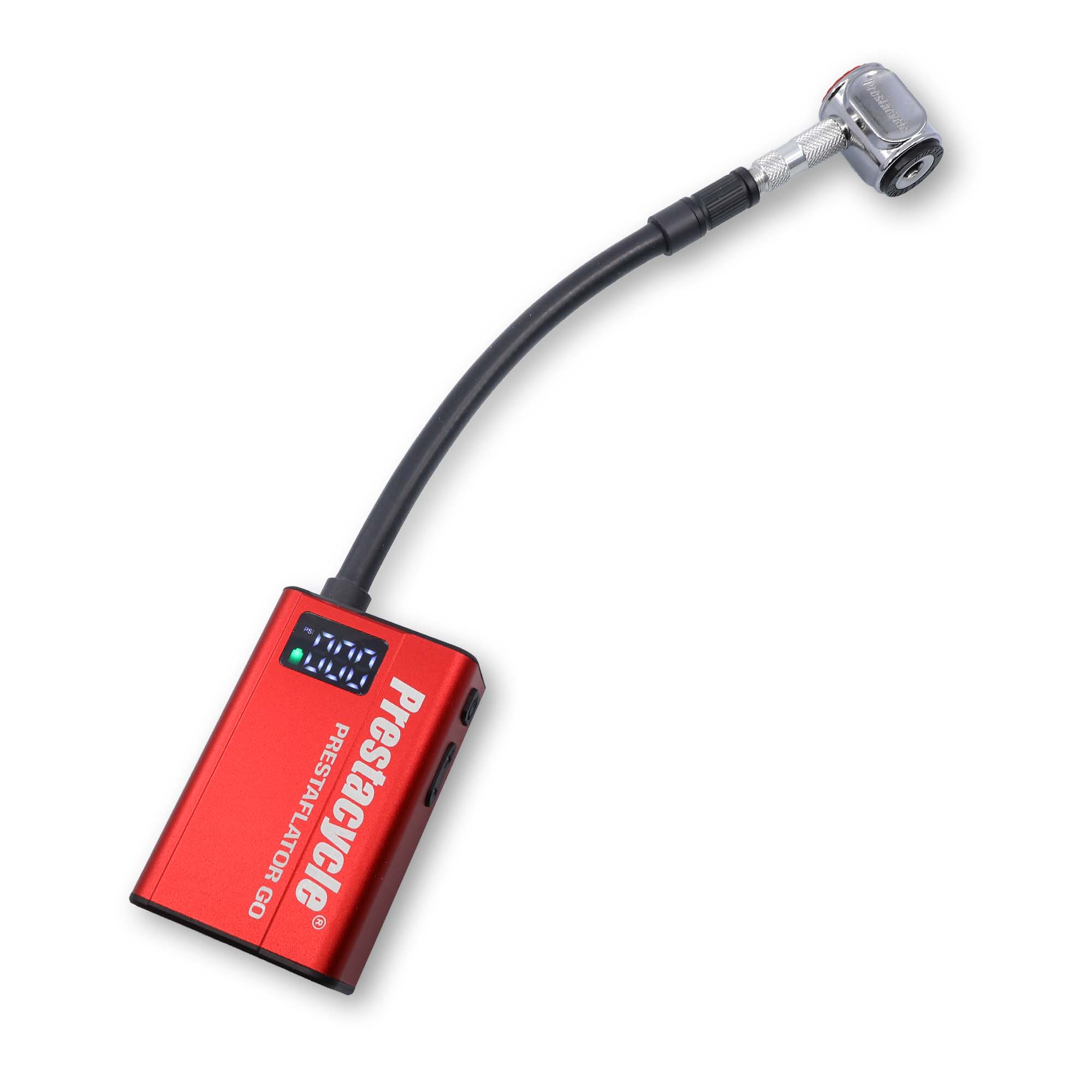 The Prestacycle Prestaflator GO Hose is a red digital tire pressure gauge with a flexible black hose, metal nozzle, blue LCD display, and Schrader valve compatibility. The device is branded Prestacycle.