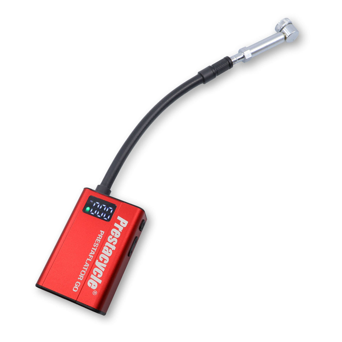 A red digital tire pressure gauge featuring a flexible black Prestaflator GO Hose by Prestacycle, with a silver Schrader nozzle, digital screen, and the brand name Prestacycle printed on the body.