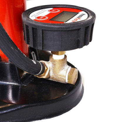 Close-up of the Prestacycle Prestaflator Digital Gauge for Air Compressors &amp; Floor Pumps, showing its display screen and control buttons attached to a red and black air pump, with a hose connected to the valve.