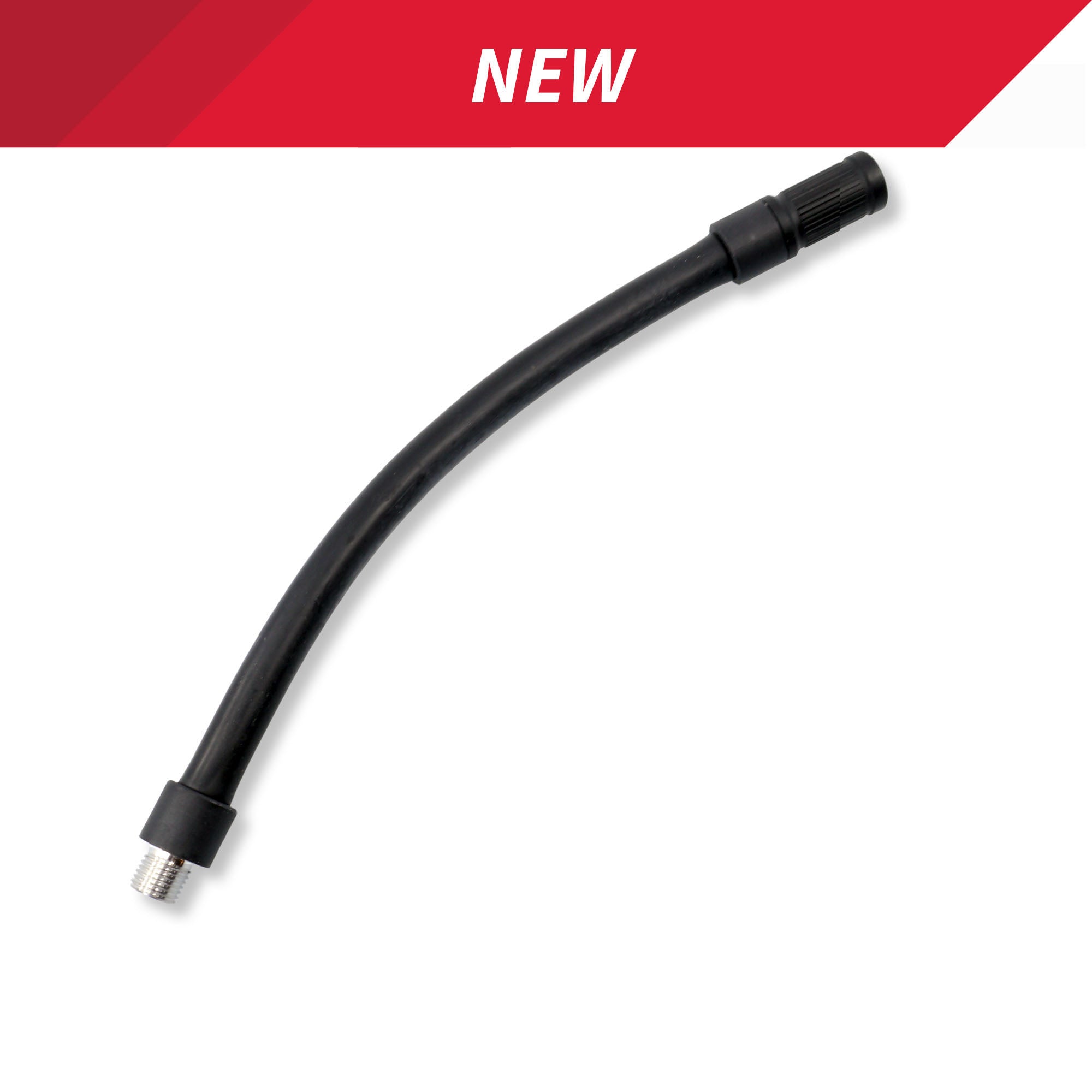 The Prestacycle Prestaflator GO Hose is a flexible black rubber hose with a threaded metal connector and black plastic fitting, compatible with Schrader valves. Shown on white background with a red NEW banner at the top.