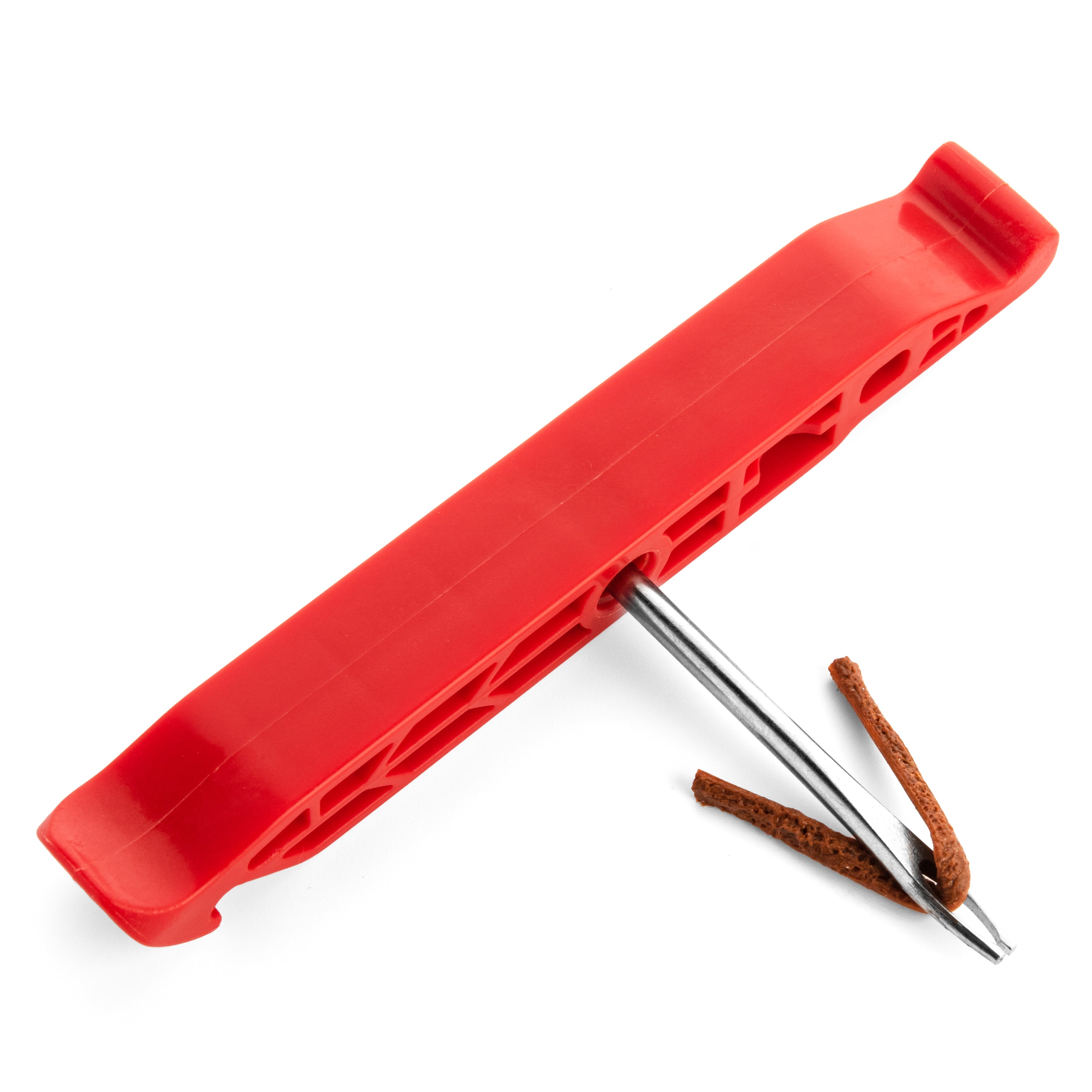 The Prestacycle Prestalever GO is a 5-in-1 multi-tool tire lever featuring a red plastic handle, metal insertion rod, and two brown rubber tire plugs—ideal for quick tubeless tire repairs.
