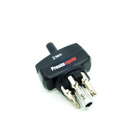 The Prestacycle Mini TorqKeys 2Nm Preset Torque Tool is shown with 6 interchangeable bits and a holder on a white background, featuring an industrial-grade internal spring for durable, maintenance-free performance.