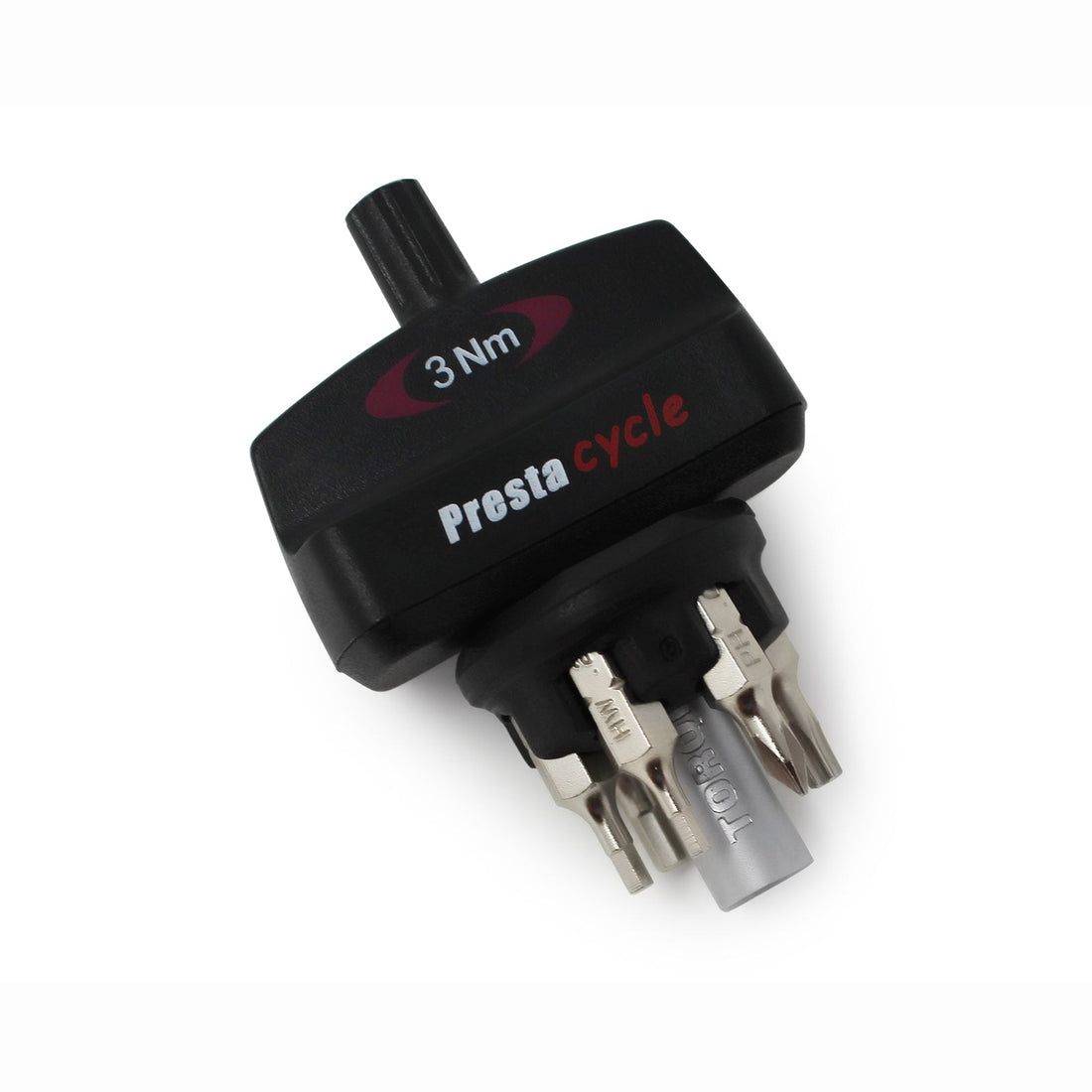 The Prestacycle Mini TorqKeys 3Nm preset torque tool comes with 6 interchangeable bits in a holder—ideal for precise bicycle bolt tightening and easy maintenance.