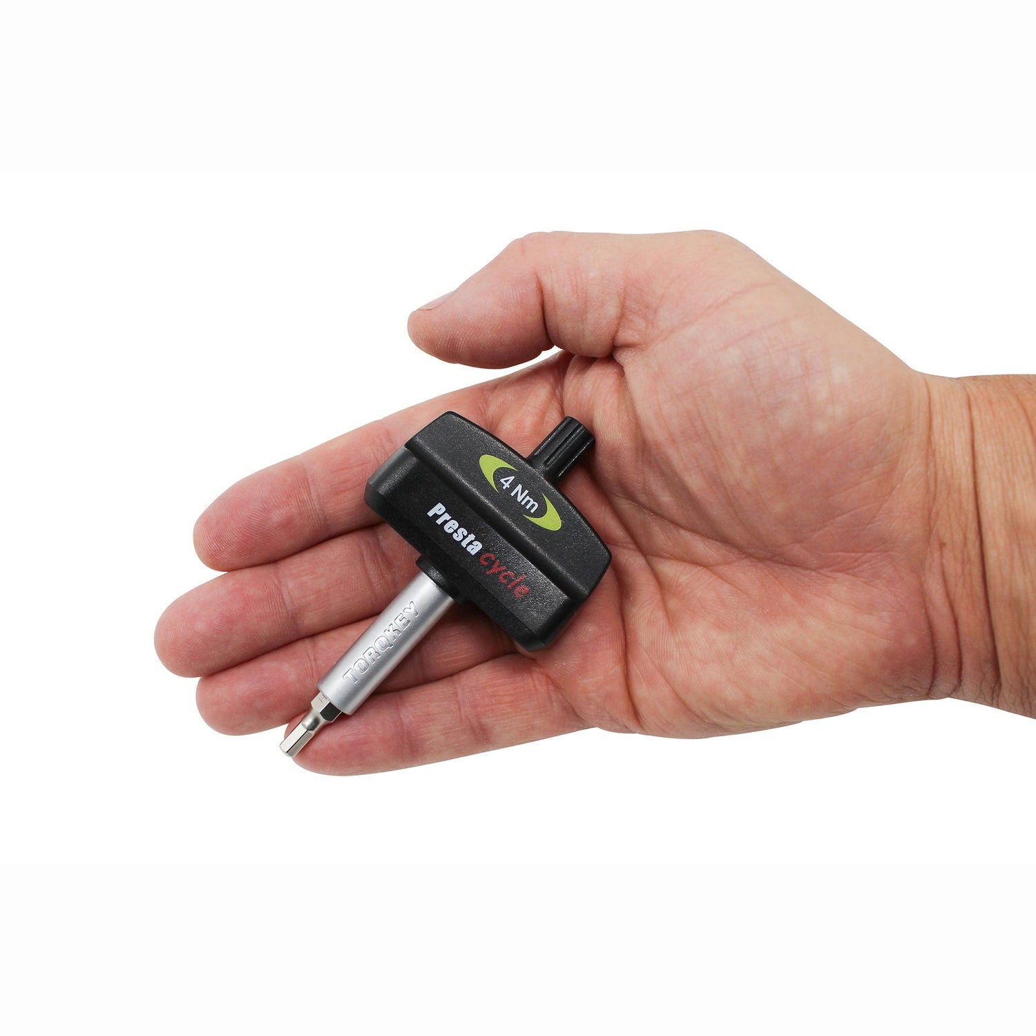 A hand holds the Prestacycle Mini TorqKeys, a compact, maintenance-free 2Nm preset torque tool with an industrial-grade spring and metal bit, plus 6 bits and a holder.