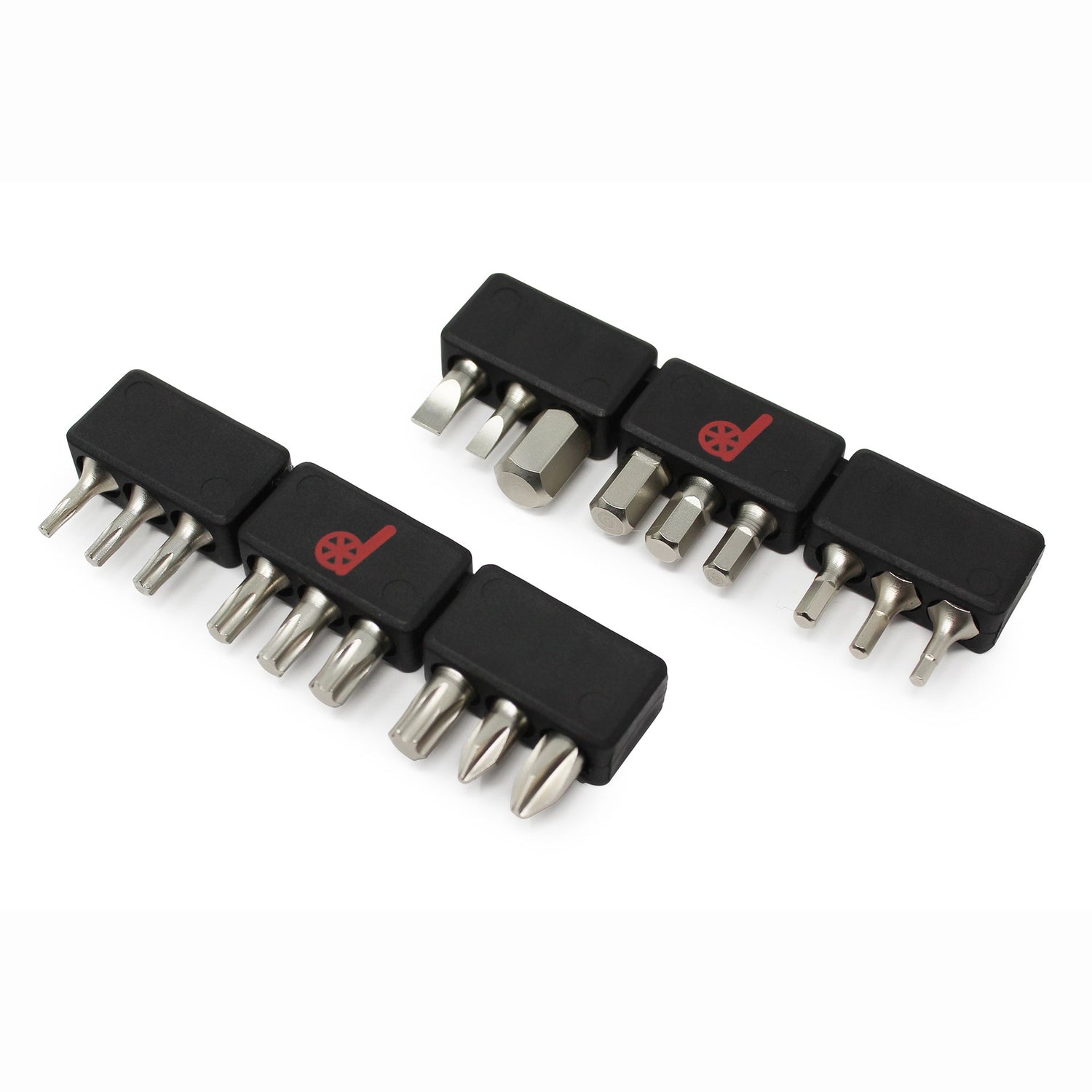 The Prestacycle Professional 18 piece 1/4 S2 Hex Bits Set includes two black plastic holders, each with the Prestacycle logo and arranged with durable S2 steel bits of various shapes and sizes.