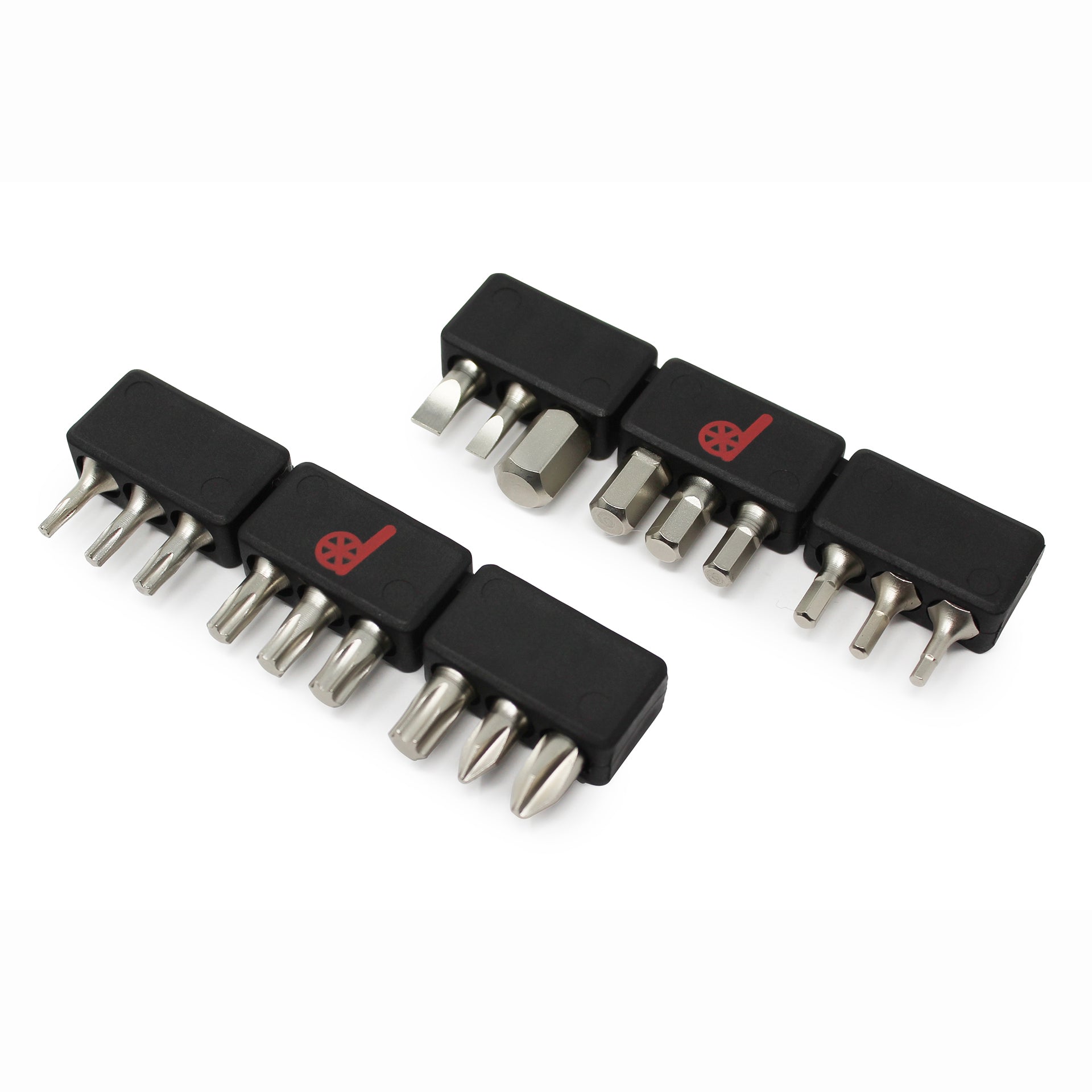 The Prestacycle Professional 18 piece 1/4 S2 Hex Bits Set includes two black plastic holders, each with the Prestacycle logo and arranged with durable S2 steel bits of various shapes and sizes.