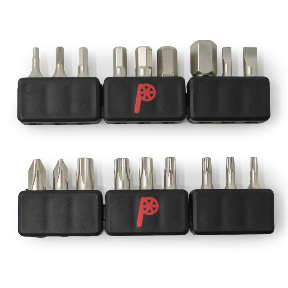 The Prestacycle Professional 18 piece 1/4 S2 Hex Bits Set features assorted S2 steel bits—flathead, Phillips, hex, and Torx—in black holders with a red logo, perfect for bicycle tool kits and general repairs.