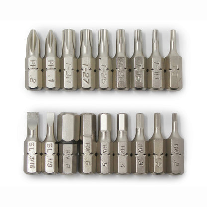 The Prestacycle Professional 18 piece 1/4 S2 Hex Bits Set features two rows of hardened S2 steel bits with engraved size markings, neatly arranged and including various screwdriver heads.