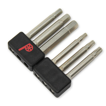 The Prestacycle Professional 6 piece 50mm 1/4 S2 Hex Bits Set includes two black plastic holders with three S2 steel bicycle tool bits each—flathead, hex, and Torx variants. One holder features a red symbol. Brand: Prestacycle.