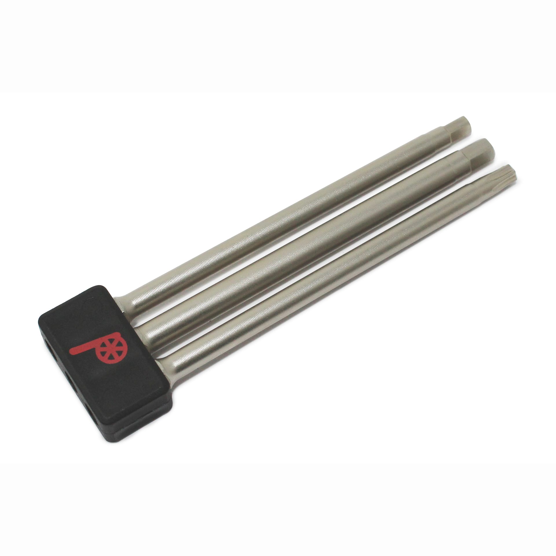 The Prestacycle Professional 3 piece 100mm 1/4 S2 Hex Bits Set by Prestacycle features three metal rods with a rectangular black handle and red logo, shown on a white background.