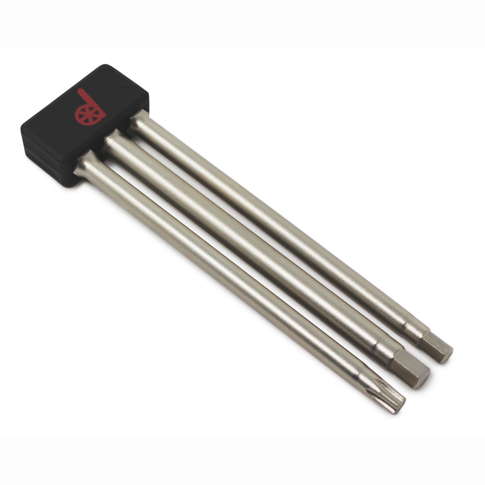 The Prestacycle Professional 3 piece 100mm 1/4 S2 Hex Bits Set features three S2 steel hex bits with various tips, held together with a black plastic handle featuring a red circular Prestacycle logo.