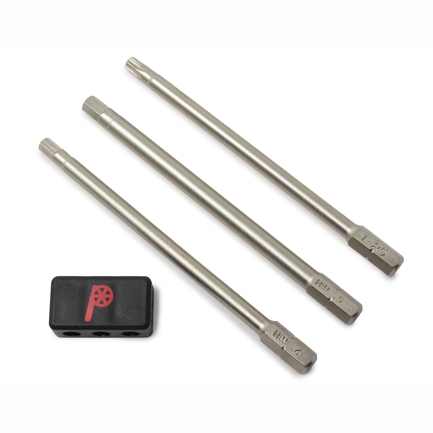 The Prestacycle Professional 3 piece 100mm 1/4 S2 Hex Bits Set features three long hex bits and a compact black holder with the red P logo—perfect for bicycle tool kits.