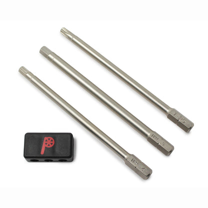 The Prestacycle Professional 3 piece 100mm 1/4 S2 Hex Bits Set features three long hex bits and a compact black holder with the red P logo—perfect for bicycle tool kits.