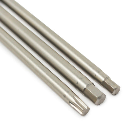 Three 100mm S2 steel bits—a Torx, a hex, and a Robertson—from the Prestacycle Professional 3 piece 1/4 Hex Bits Set are displayed diagonally on white, highlighting Prestacycle’s premium quality.