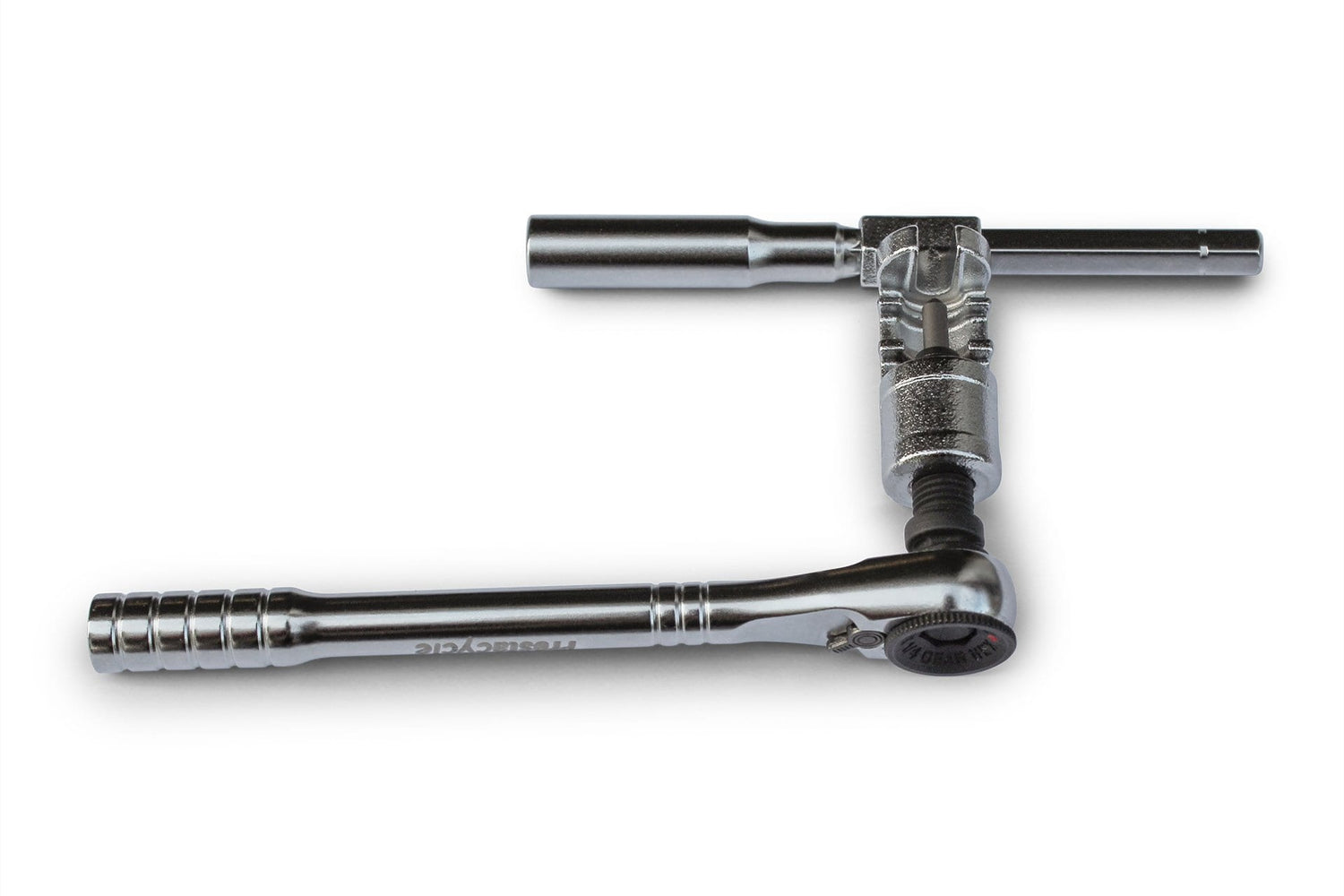 The Prestacycle PrestaRatchet Chain Accessory, featuring a metal ratchet wrench with socket and T-bar handle in an L-shape, is ideal as a portable chain tool for cyclists.