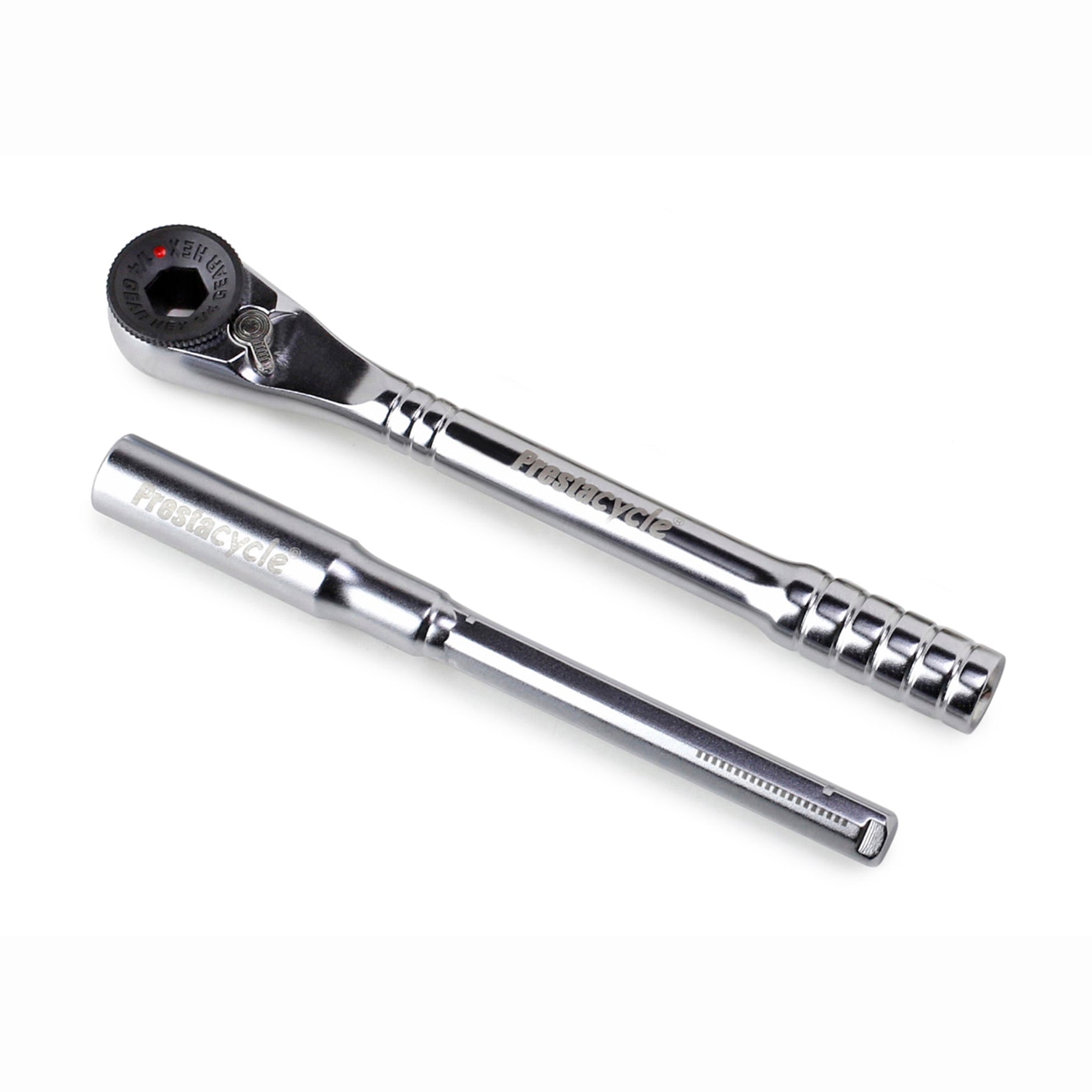 The Prestacycle T-Handle Ratchet Deluxe kit by Prestacycle is shown on a white background, featuring a 3-way ratchet with black gear and a straight extension bar, both with textured handles for better grip.
