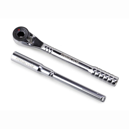 The Prestacycle T-Handle Ratchet Deluxe kit by Prestacycle is shown on a white background, featuring a 3-way ratchet with black gear and a straight extension bar, both with textured handles for better grip.
