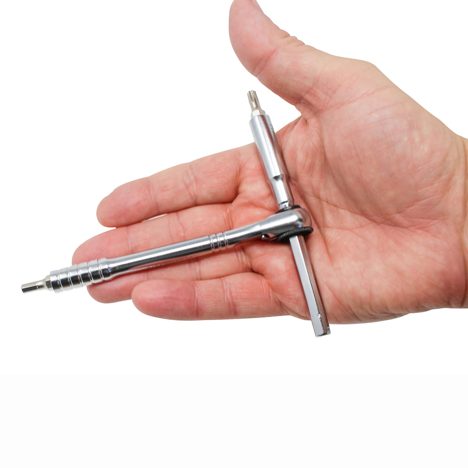 A hand holds the Prestacycle T-Handle Ratchet Deluxe, a compact 3-way ratchet and T-handle tool kit by Prestacycle, with a screwdriver bit, shown against a white background.