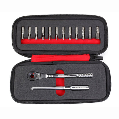 The Prestacycle T-Handle Ratchet Deluxe, by Prestacycle, is a compact kit in a black zippered case featuring a 3-way ratchet, T-handle, extension bar, and 12 screwdriver bits organized in foam compartments.
