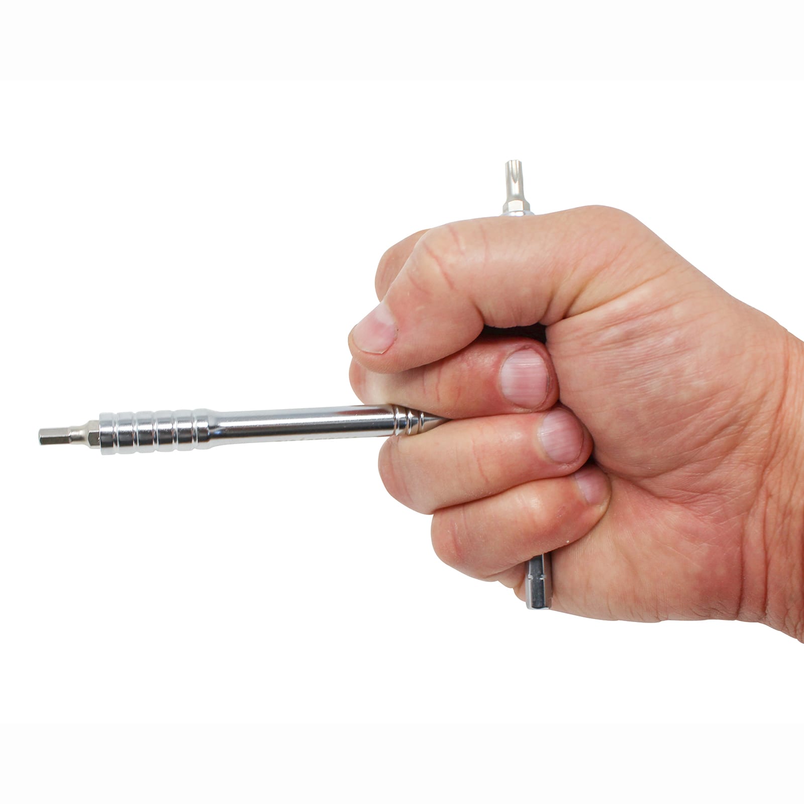 A hand grips the Prestacycle T-Handle Ratchet Deluxe, a compact 3-way ratchet and T-handle tool from Prestacycle, with the tool angled outward between the thumb and fingers against a white background.