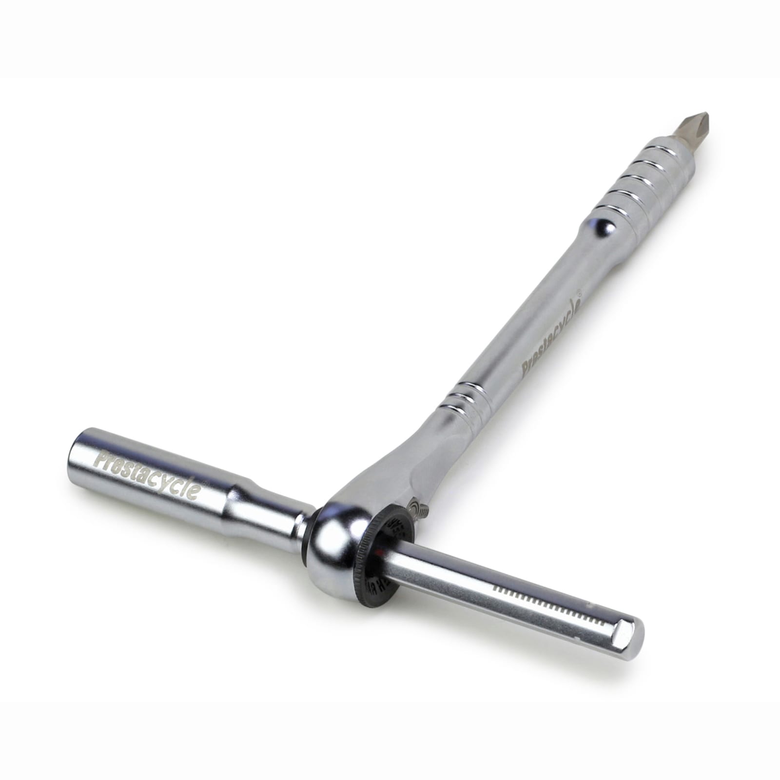 The Prestacycle T-Handle Ratchet Wallet is a sleek silver 3-way ratchet and T-handle tool kit with knurled grip and screwdriver bit, displayed on a white background.