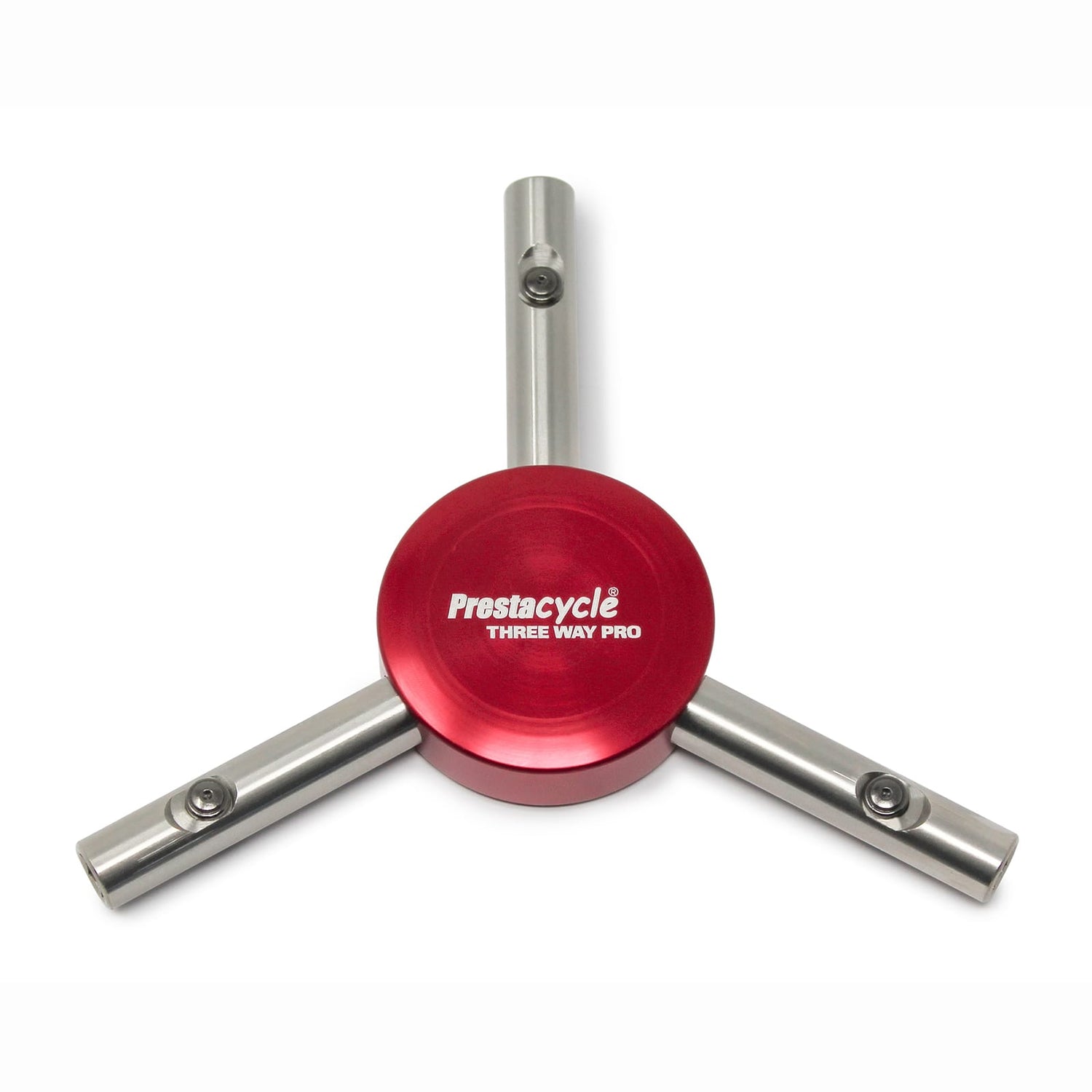 The Prestacycle Professional Three Way Y Bits Tool Kit is shown on a white background, featuring three silver metal arms with MagGlide sliders and 1/4″ Hex bits extending from a red central hub.