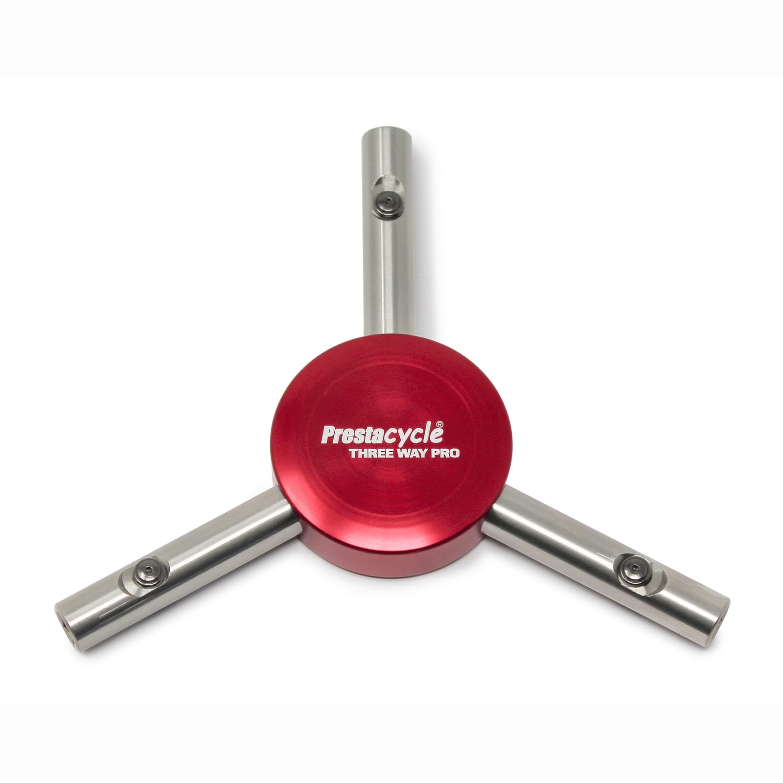 The Prestacycle Professional Three Way Y Bits Tool Kit is shown on a white background, featuring three silver metal arms with MagGlide sliders and 1/4″ Hex bits extending from a red central hub.