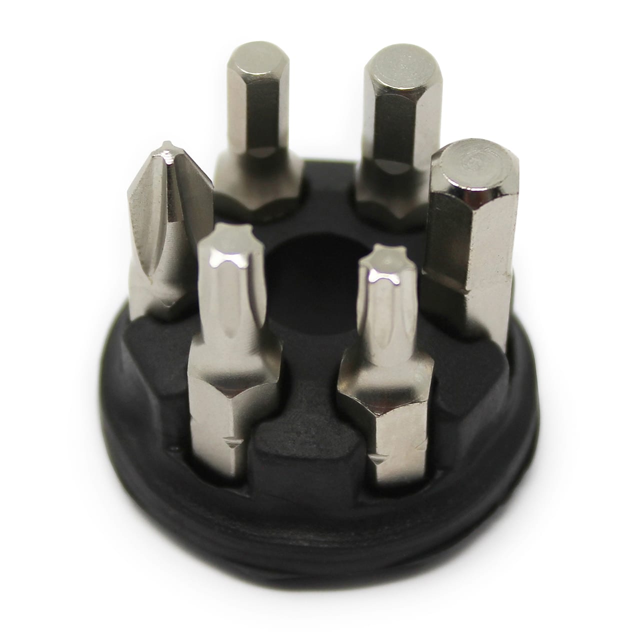 A close-up of the Prestacycle Professional 6 piece 1/4 S2 Hex Bits Set by Prestacycle, showing black plastic holder with six metallic S2 steel hex bits in various shapes and sizes arranged in a circular pattern.