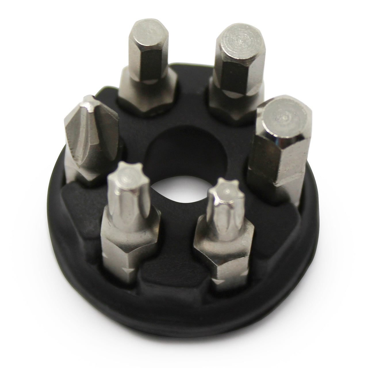 The Prestacycle Professional 6 piece 1/4 S2 Hex Bits Set features six uniquely tipped S2 steel bits in a black circular holder, organized upright for easy, precise selection—perfect for bicycle tool storage and quick access.