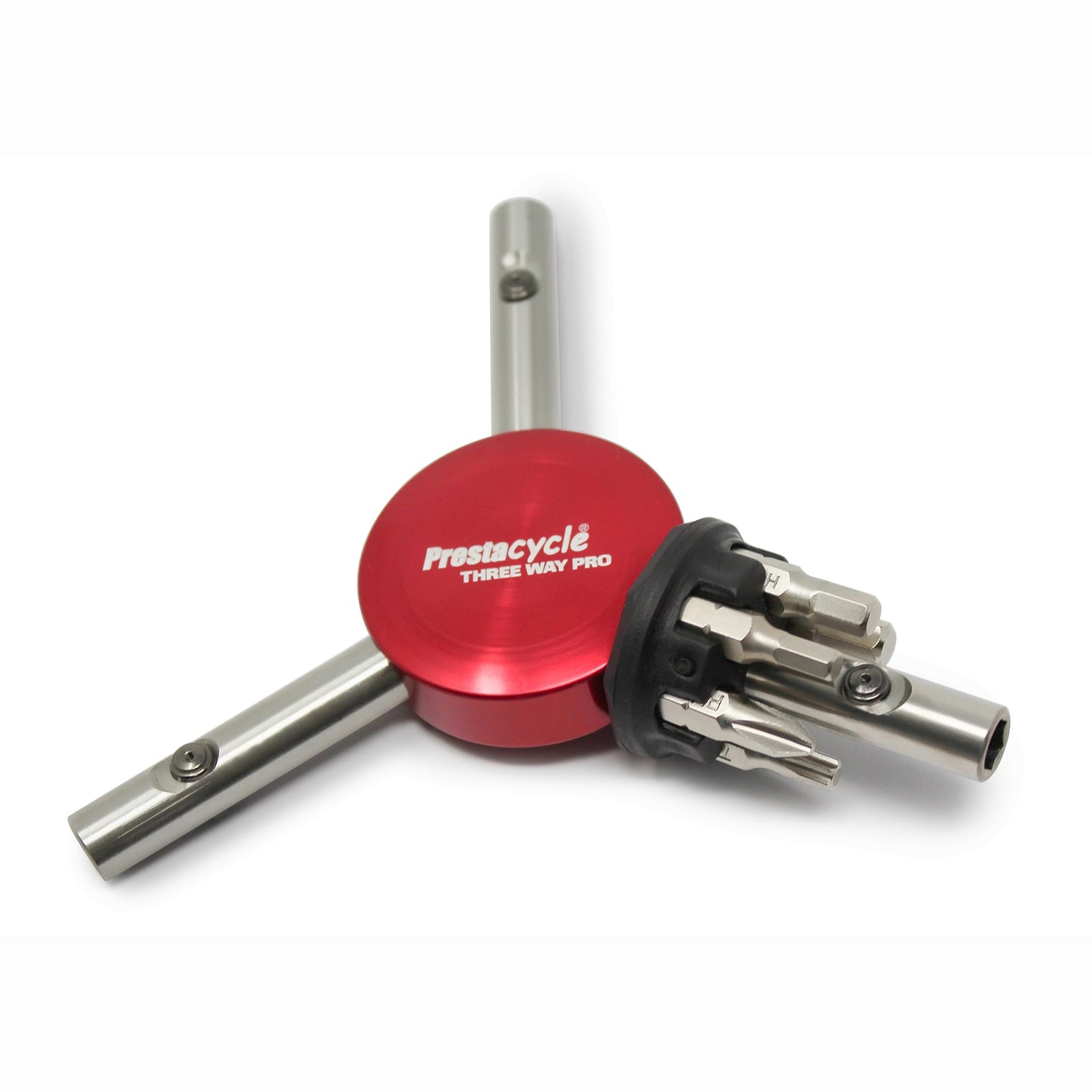 A red Prestacycle Professional 6 piece 1/4 S2 Hex Bits Set with three metal arms in a Y-shape, designed for interchangeable screwdriver and bicycle tool bits, is shown on a white background.