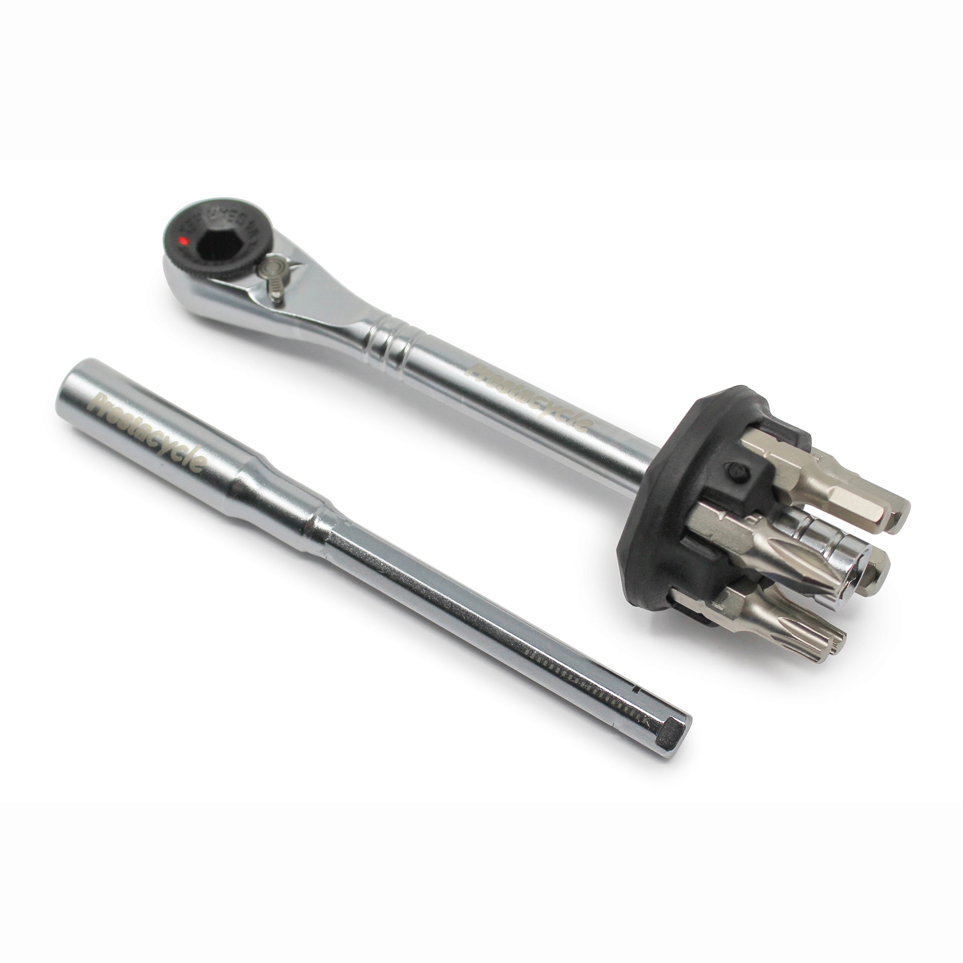 The Prestacycle Professional 6 piece 1/4 S2 Hex Bits Set by Prestacycle is shown with a metal ratchet wrench and extension bar, featuring multiple hex bits and a black attachment, all displayed on a white background.