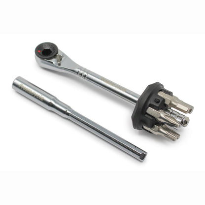 The Prestacycle Professional 6 piece 1/4 S2 Hex Bits Set by Prestacycle is shown with a metal ratchet wrench and extension bar, featuring multiple hex bits and a black attachment, all displayed on a white background.