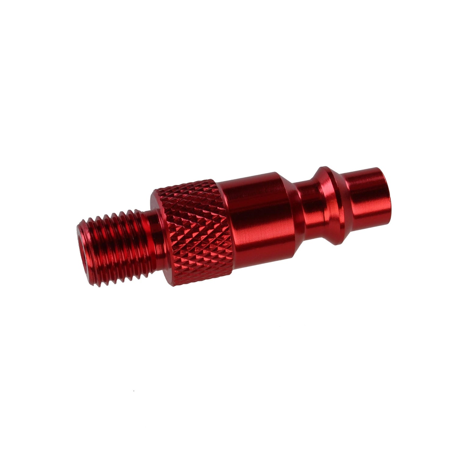 The Prestacycle Air Compressor Adapter for CO2 Heads by Prestacycle is a red metallic quick-connect fitting with a knurled grip and threaded end, perfect for air compressor tire inflation, shown on a white background.
