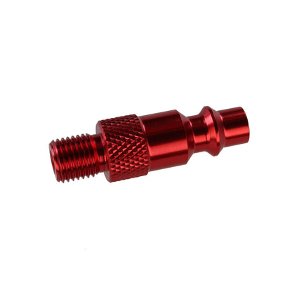 The Prestacycle Air Compressor Adapter for CO2 Heads by Prestacycle is a red metallic quick-connect fitting with a knurled grip and threaded end, perfect for air compressor tire inflation, shown on a white background.