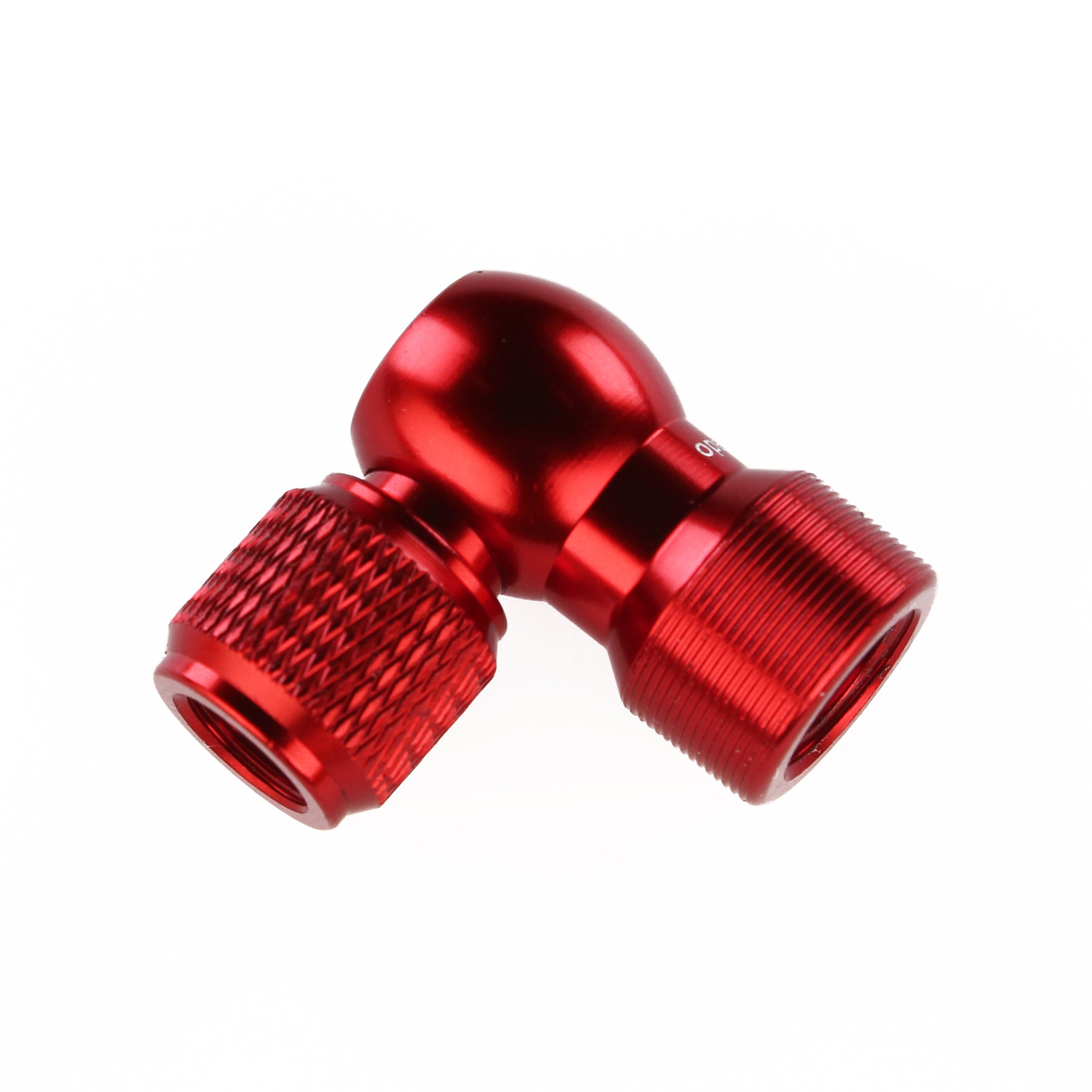 The Prestaflator Micro CO2/Air Compressor/Pump Bundle by Prestacycle is a red, metal right-angle adapter with knurled grips for connecting pipes or tubes, shown isolated on a white background.