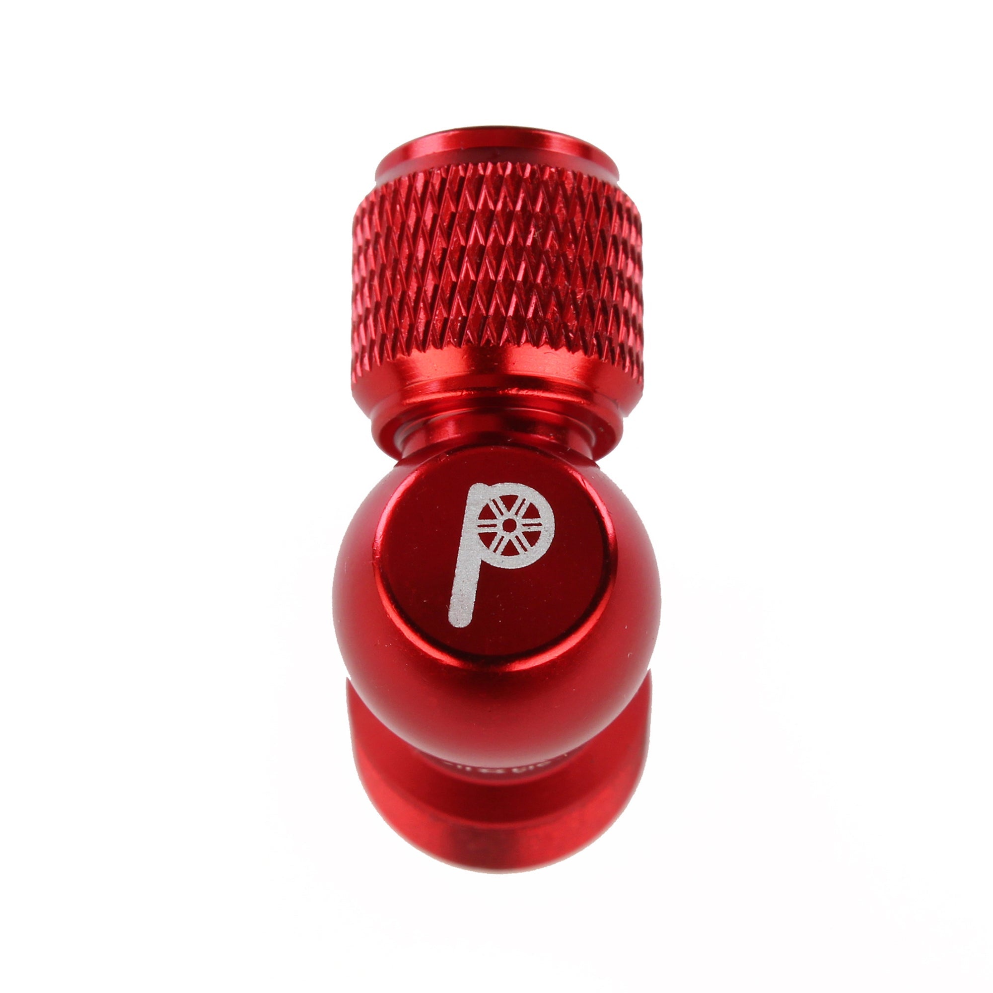 The Prestacycle Prestaflator Micro Bundle features a red metal valve cap with textured grip and a white tire and pump icon, compatible with Presta Schrader systems, shown on a white background.